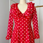 1970s Red Polka Dot Maxi Dress-Vintage Prairie Ruffle Neck Dress-70s Empire Waist Summer Party Dress