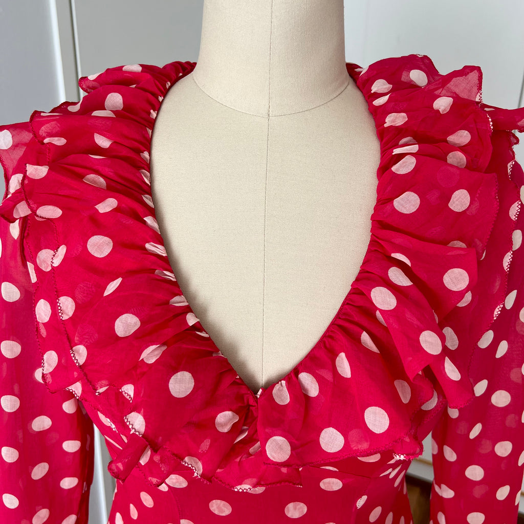 1970s Red Polka Dot Maxi Dress-Vintage Prairie Ruffle Neck Dress-70s Empire Waist Summer Party Dress