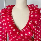 1970s Red Polka Dot Maxi Dress-Vintage Prairie Ruffle Neck Dress-70s Empire Waist Summer Party Dress