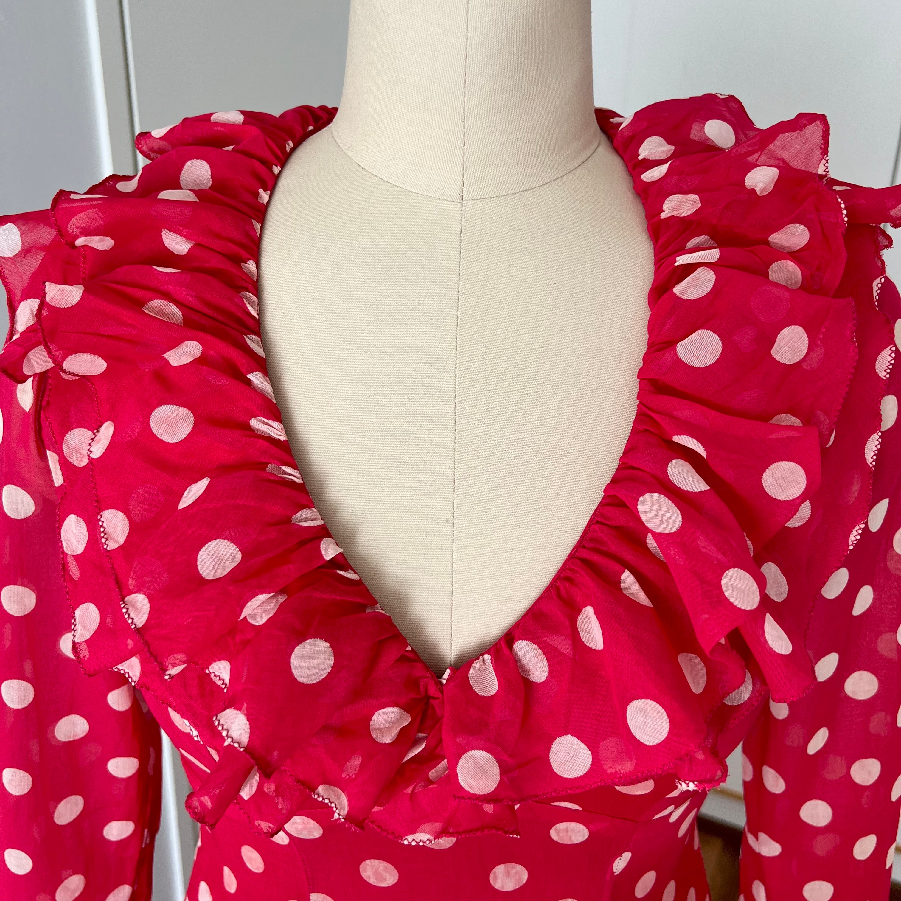 1970s Red Polka Dot Maxi Dress-Vintage Prairie Ruffle Neck Dress-70s Empire Waist Summer Party Dress