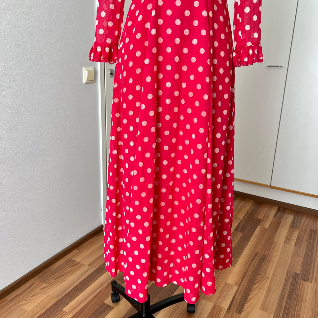 1970s Red Polka Dot Maxi Dress-Vintage Prairie Ruffle Neck Dress-70s Empire Waist Summer Party Dress