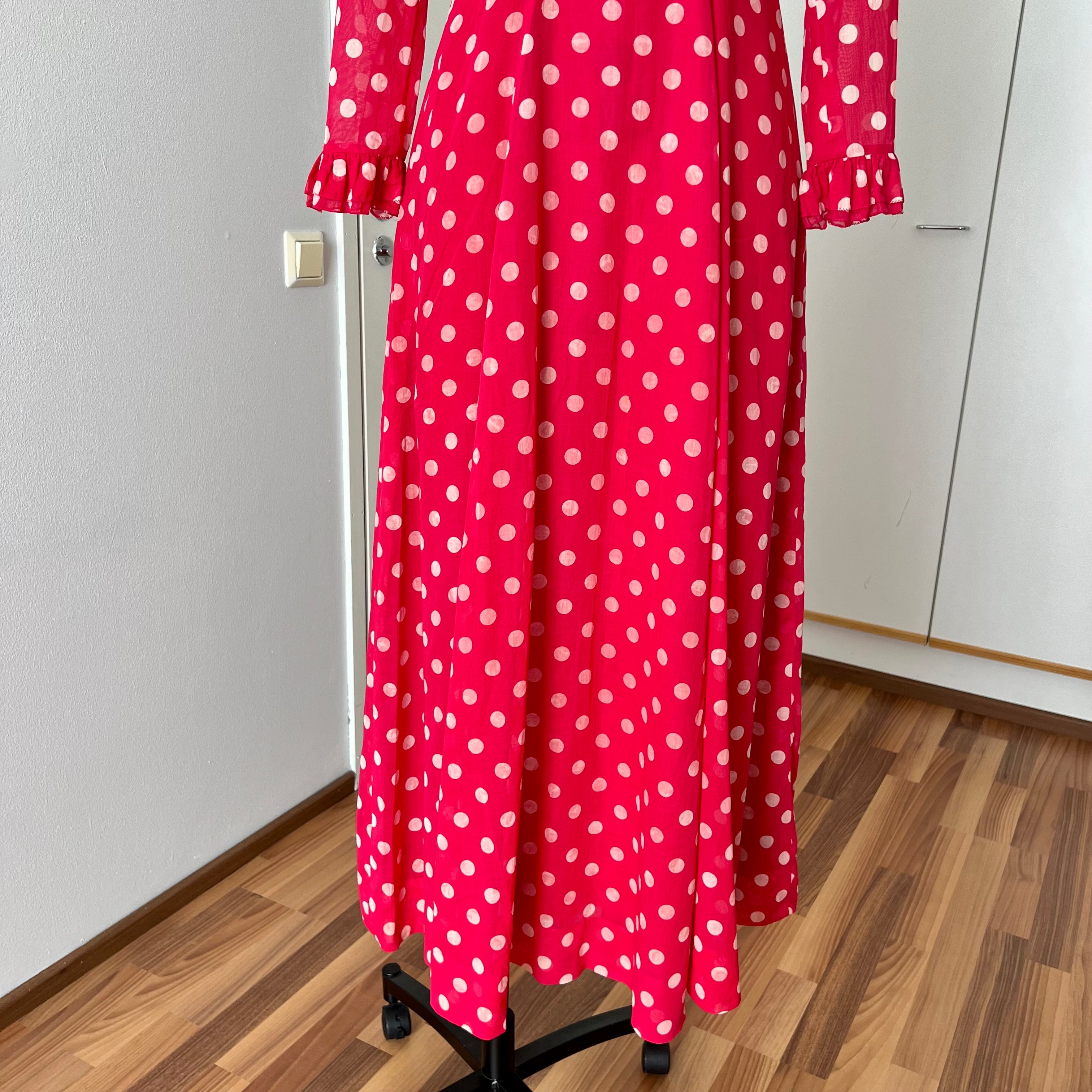 1970s Red Polka Dot Maxi Dress-Vintage Prairie Ruffle Neck Dress-70s Empire Waist Summer Party Dress
