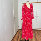 1970s Red Polka Dot Maxi Dress-Vintage Prairie Ruffle Neck Dress-70s Empire Waist Summer Party Dress