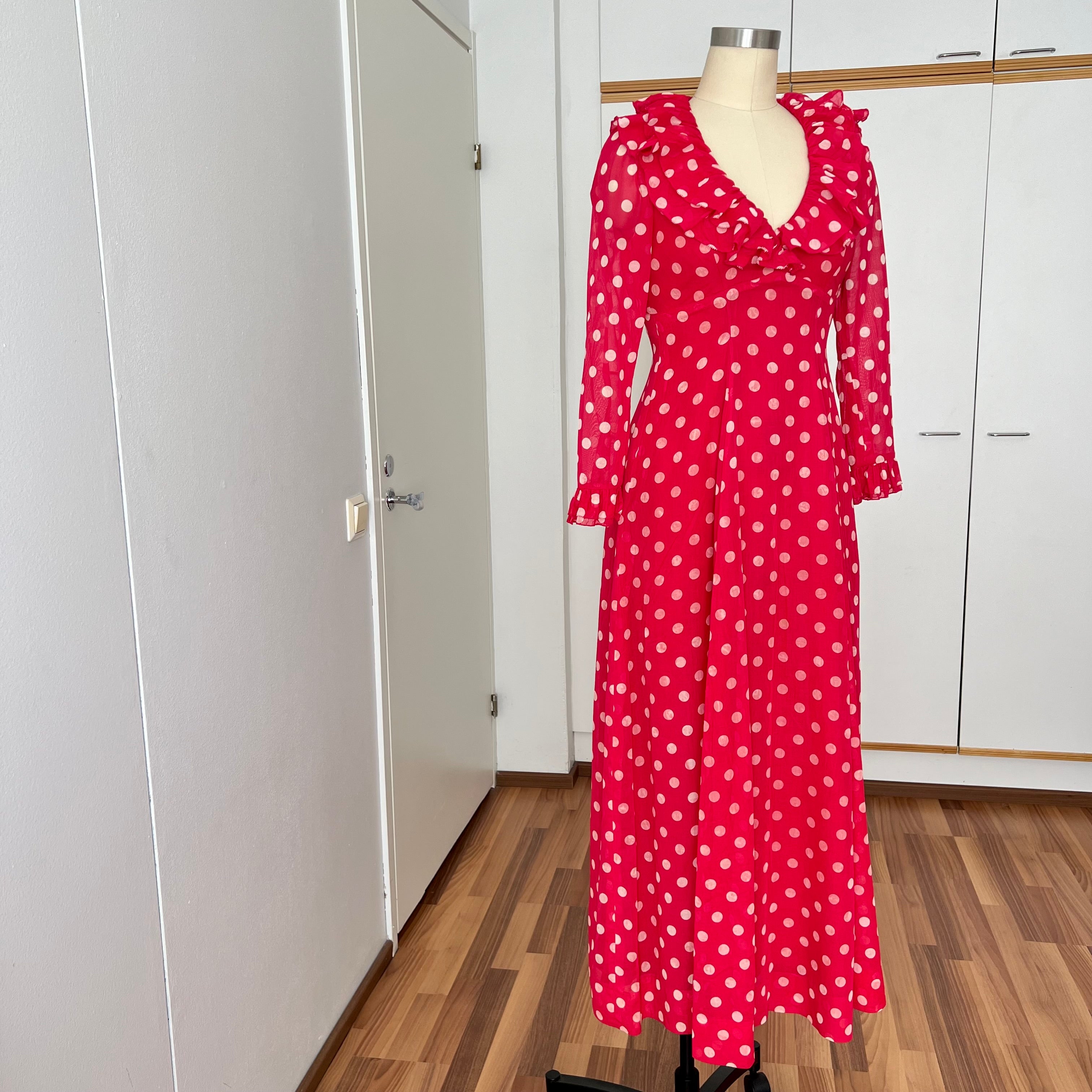 1970s Red Polka Dot Maxi Dress-Vintage Prairie Ruffle Neck Dress-70s Empire Waist Summer Party Dress