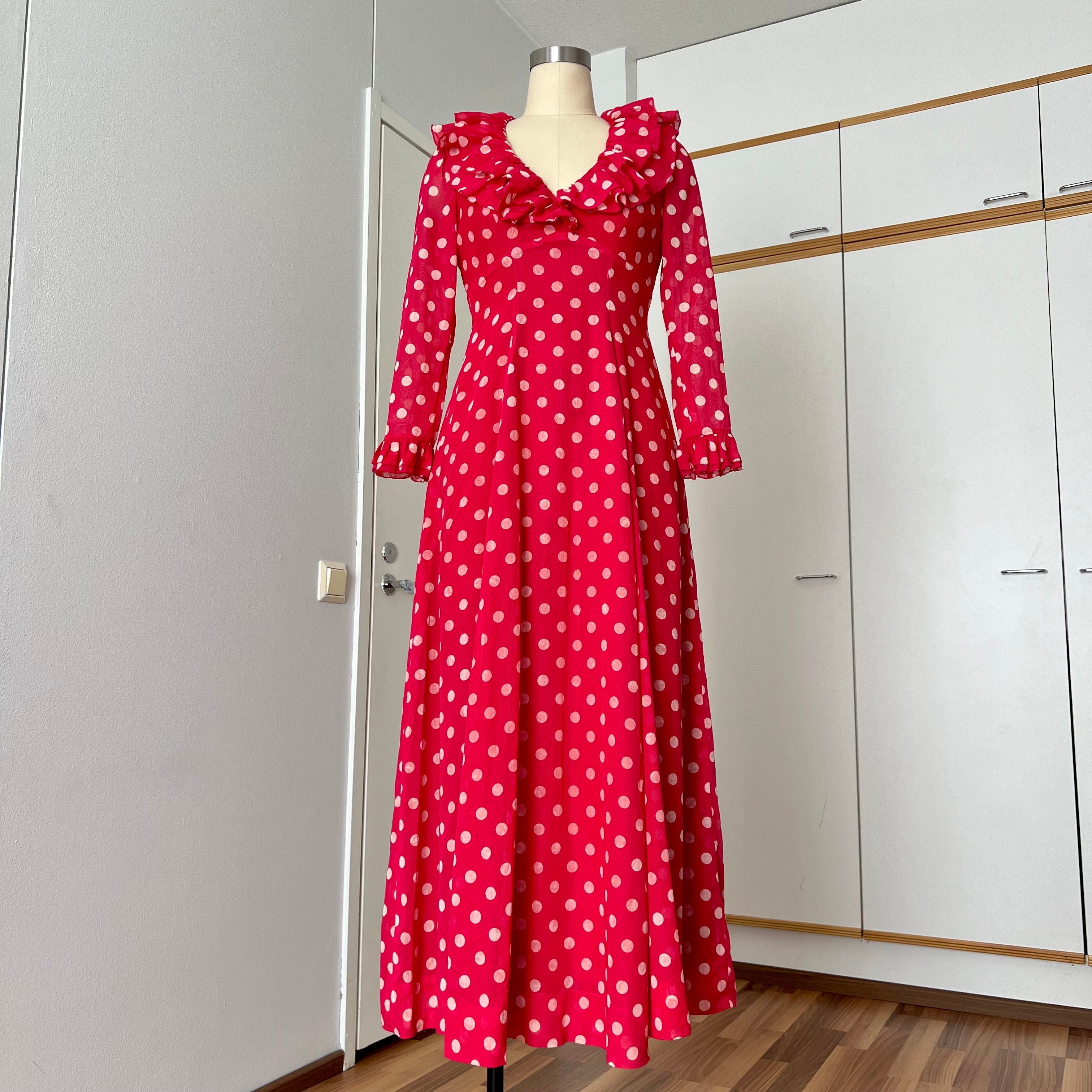 1970s Red Polka Dot Maxi Dress-Vintage Prairie Ruffle Neck Dress-70s E – Nana's Vintage Shack