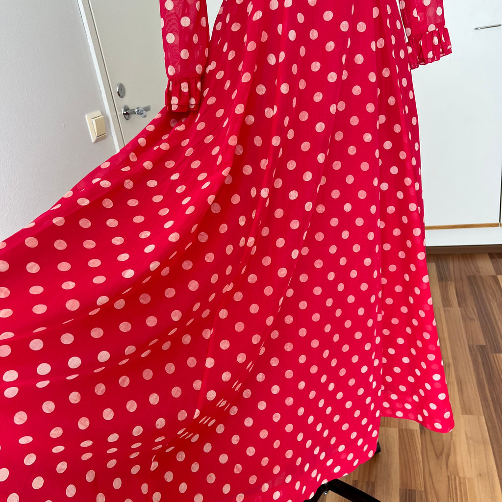 1970s Red Polka Dot Maxi Dress-Vintage Prairie Ruffle Neck Dress-70s Empire Waist Summer Party Dress