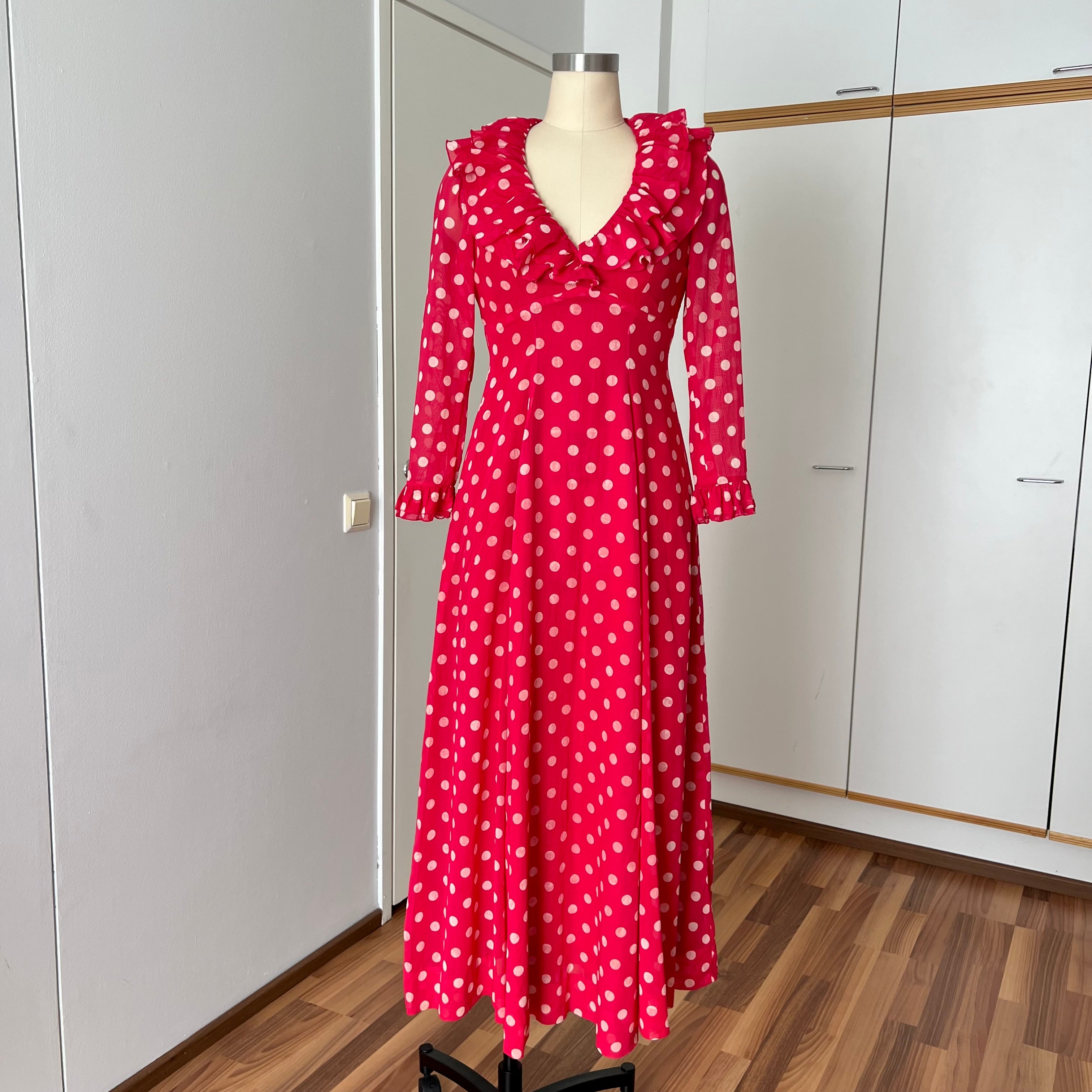 1970s Red Polka Dot Maxi Dress-Vintage Prairie Ruffle Neck Dress-70s Empire Waist Summer Party Dress