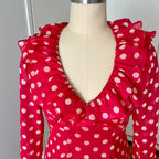 1970s Red Polka Dot Maxi Dress-Vintage Prairie Ruffle Neck Dress-70s Empire Waist Summer Party Dress