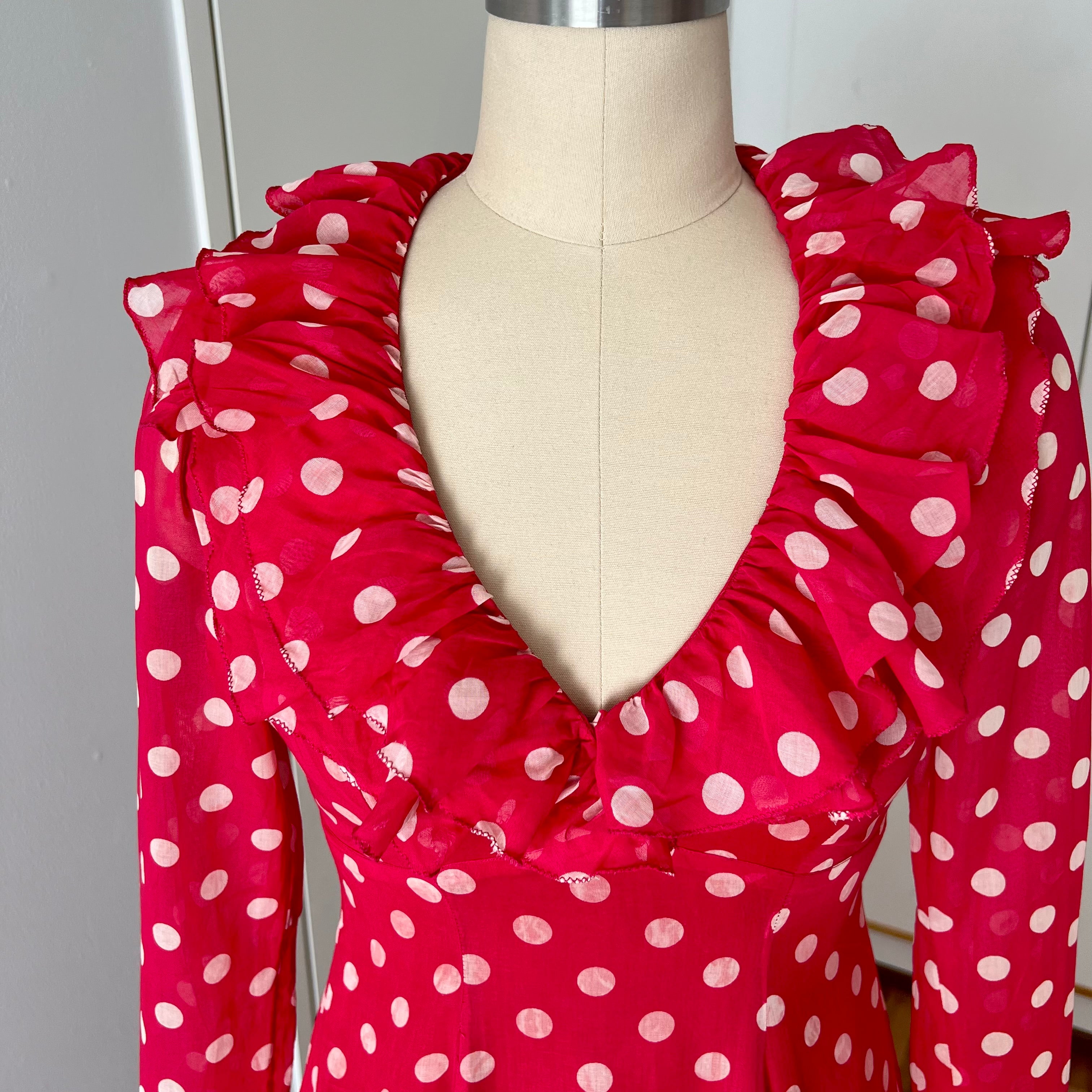 1970s Red Polka Dot Maxi Dress-Vintage Prairie Ruffle Neck Dress-70s Empire Waist Summer Party Dress