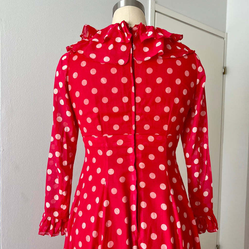 1970s Red Polka Dot Maxi Dress-Vintage Prairie Ruffle Neck Dress-70s Empire Waist Summer Party Dress