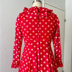 1970s Red Polka Dot Maxi Dress-Vintage Prairie Ruffle Neck Dress-70s Empire Waist Summer Party Dress