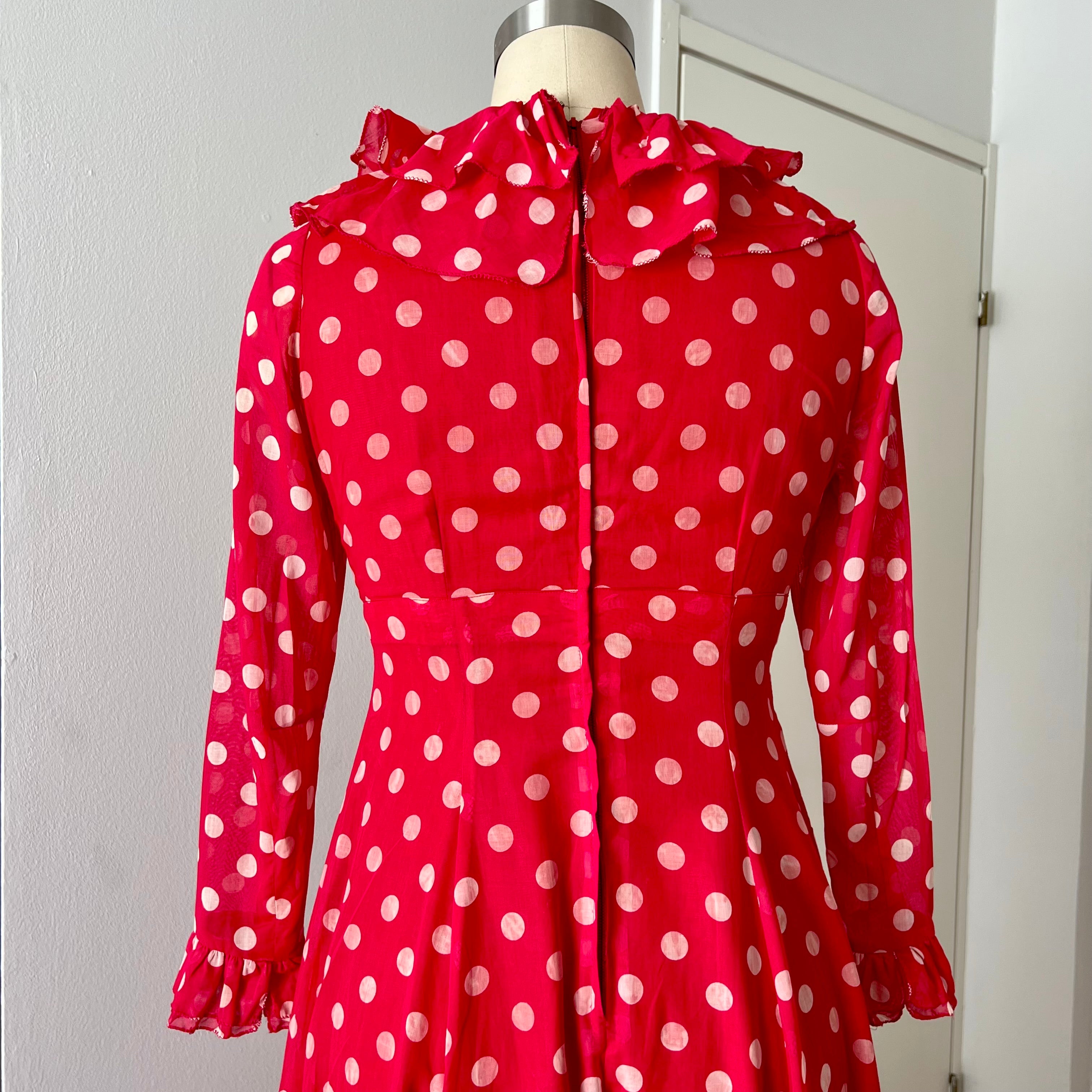 1970s Red Polka Dot Maxi Dress-Vintage Prairie Ruffle Neck Dress-70s Empire Waist Summer Party Dress