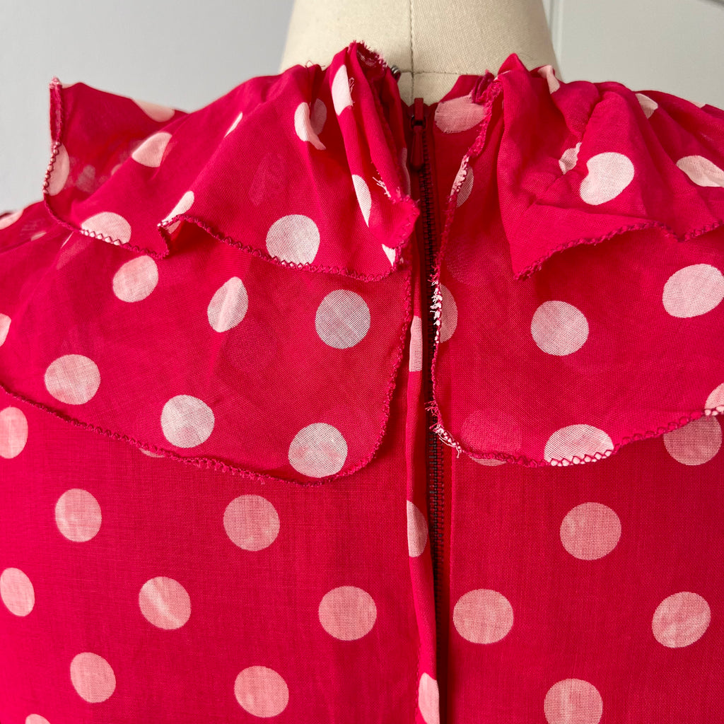 1970s Red Polka Dot Maxi Dress-Vintage Prairie Ruffle Neck Dress-70s Empire Waist Summer Party Dress