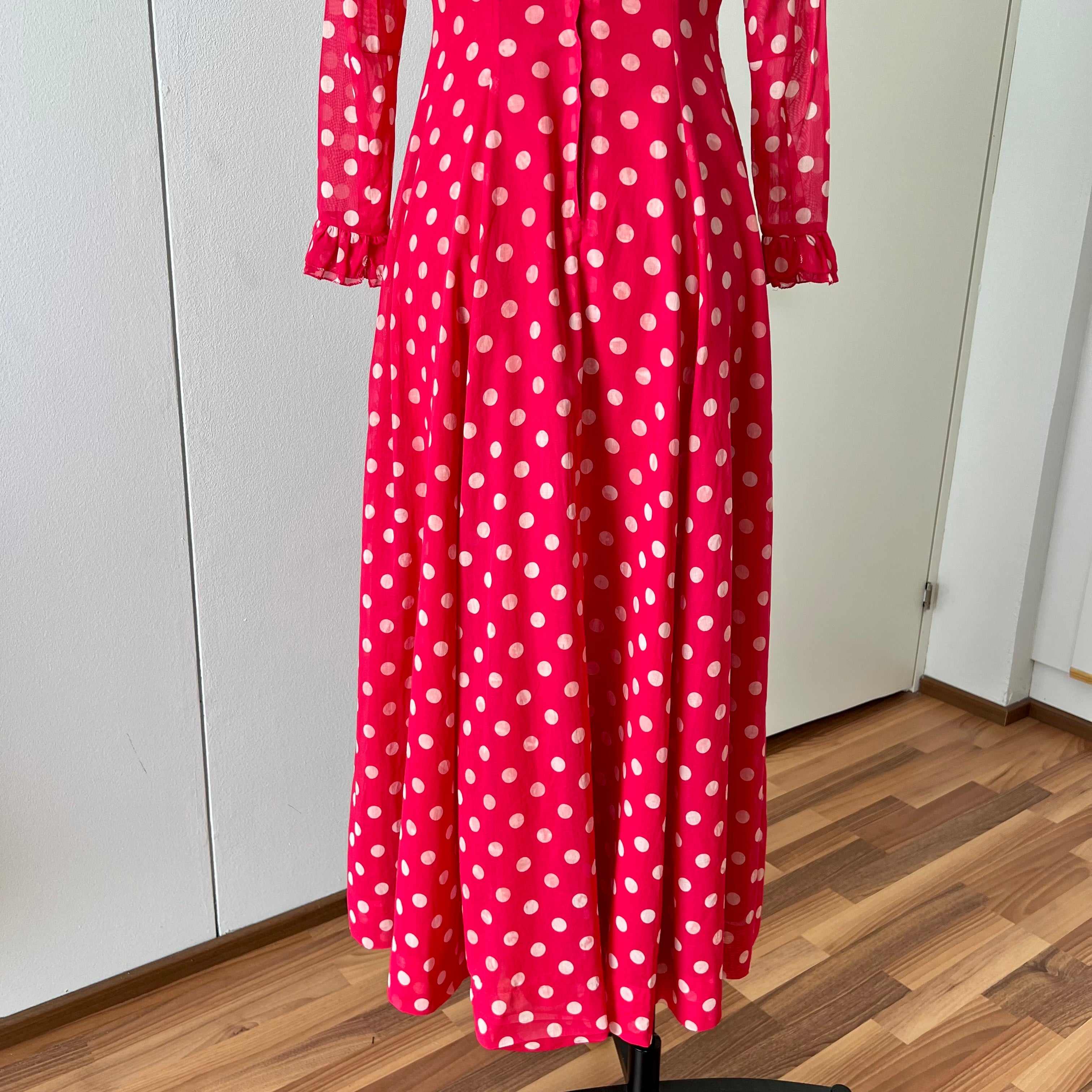 1970s Red Polka Dot Maxi Dress-Vintage Prairie Ruffle Neck Dress-70s Empire Waist Summer Party Dress
