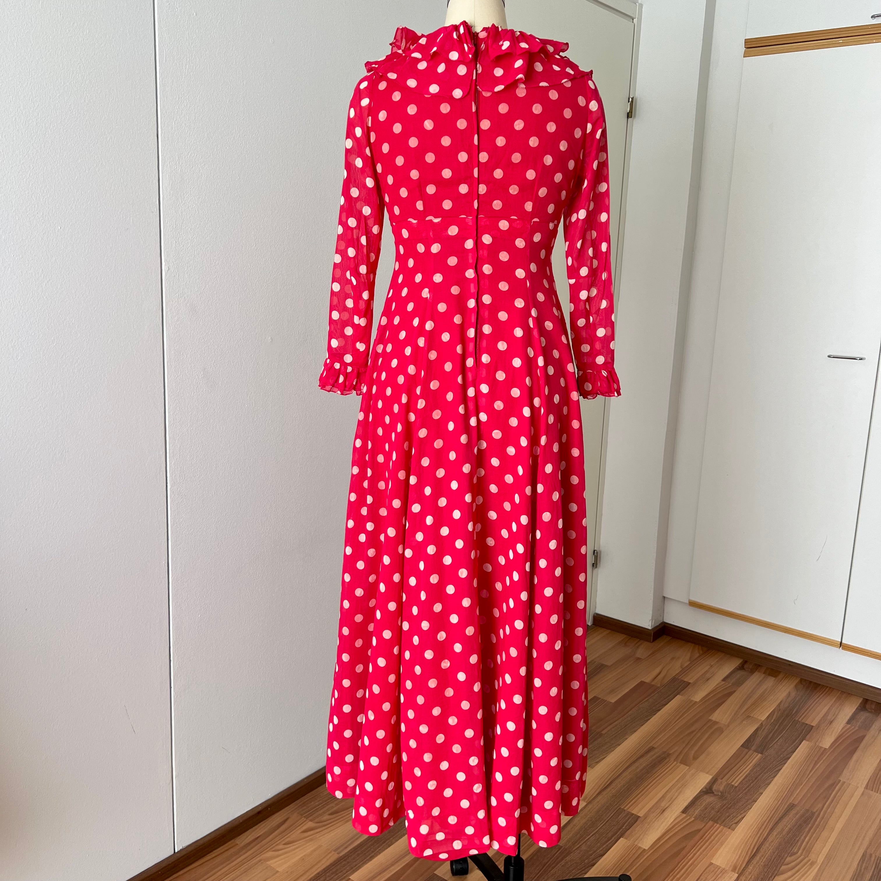 1970s Red Polka Dot Maxi Dress-Vintage Prairie Ruffle Neck Dress-70s Empire Waist Summer Party Dress