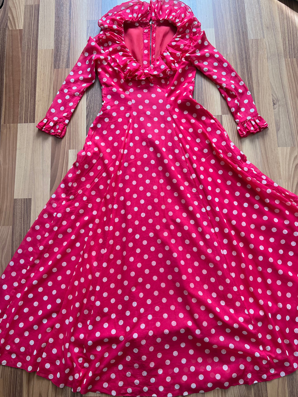 1970s Red Polka Dot Maxi Dress-Vintage Prairie Ruffle Neck Dress-70s Empire Waist Summer Party Dress