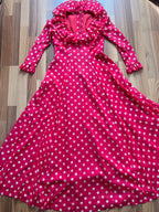 1970s Red Polka Dot Maxi Dress-Vintage Prairie Ruffle Neck Dress-70s Empire Waist Summer Party Dress
