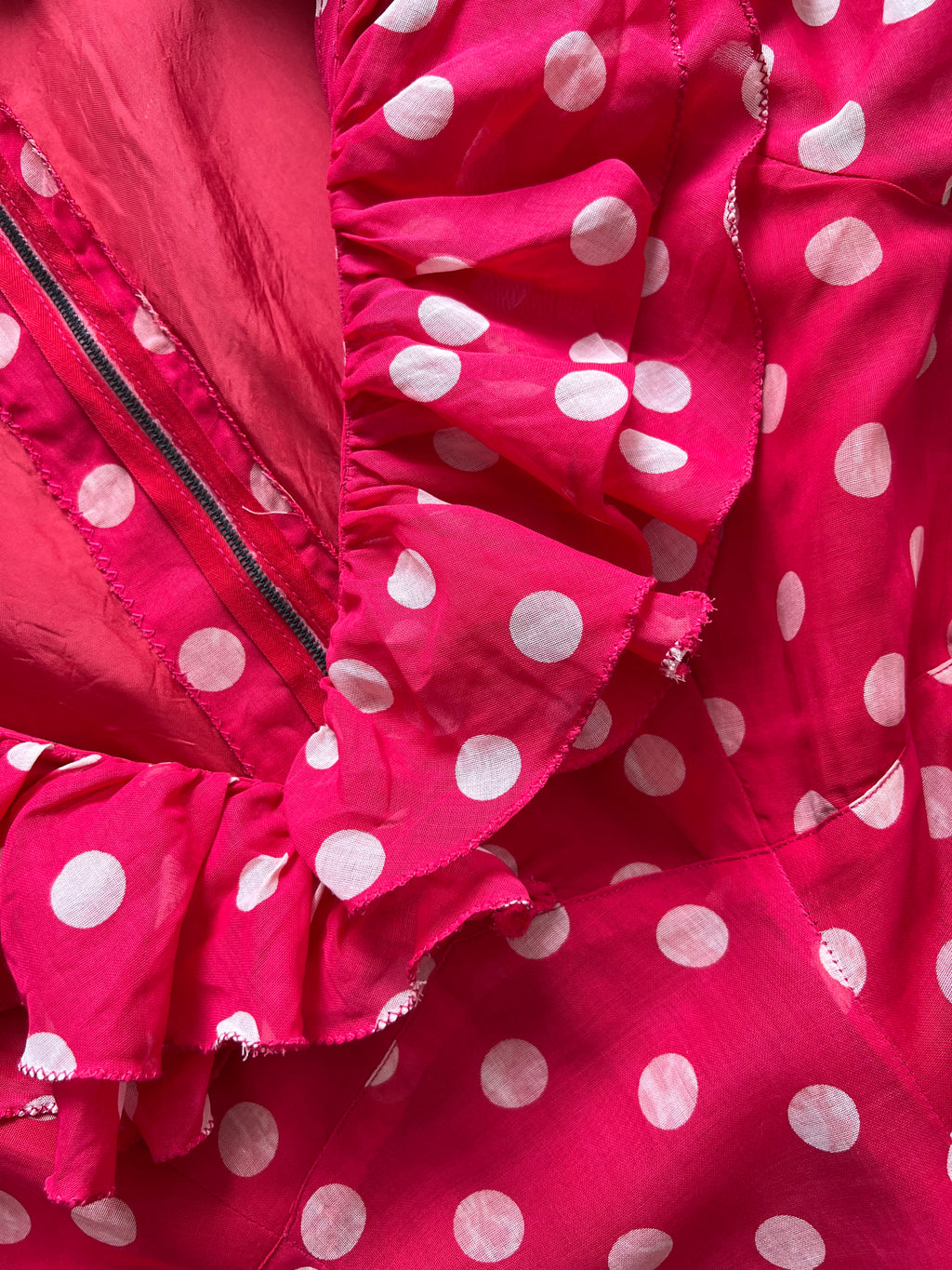 1970s Red Polka Dot Maxi Dress-Vintage Prairie Ruffle Neck Dress-70s Empire Waist Summer Party Dress