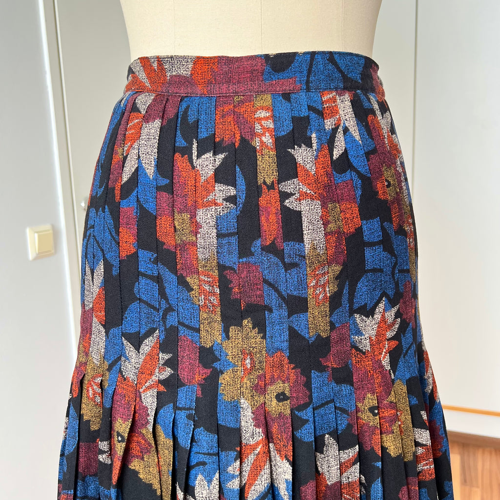 1970s Abstract Pleated Midi Skirt-80s Floral Accordion Pleated Aline Skirt