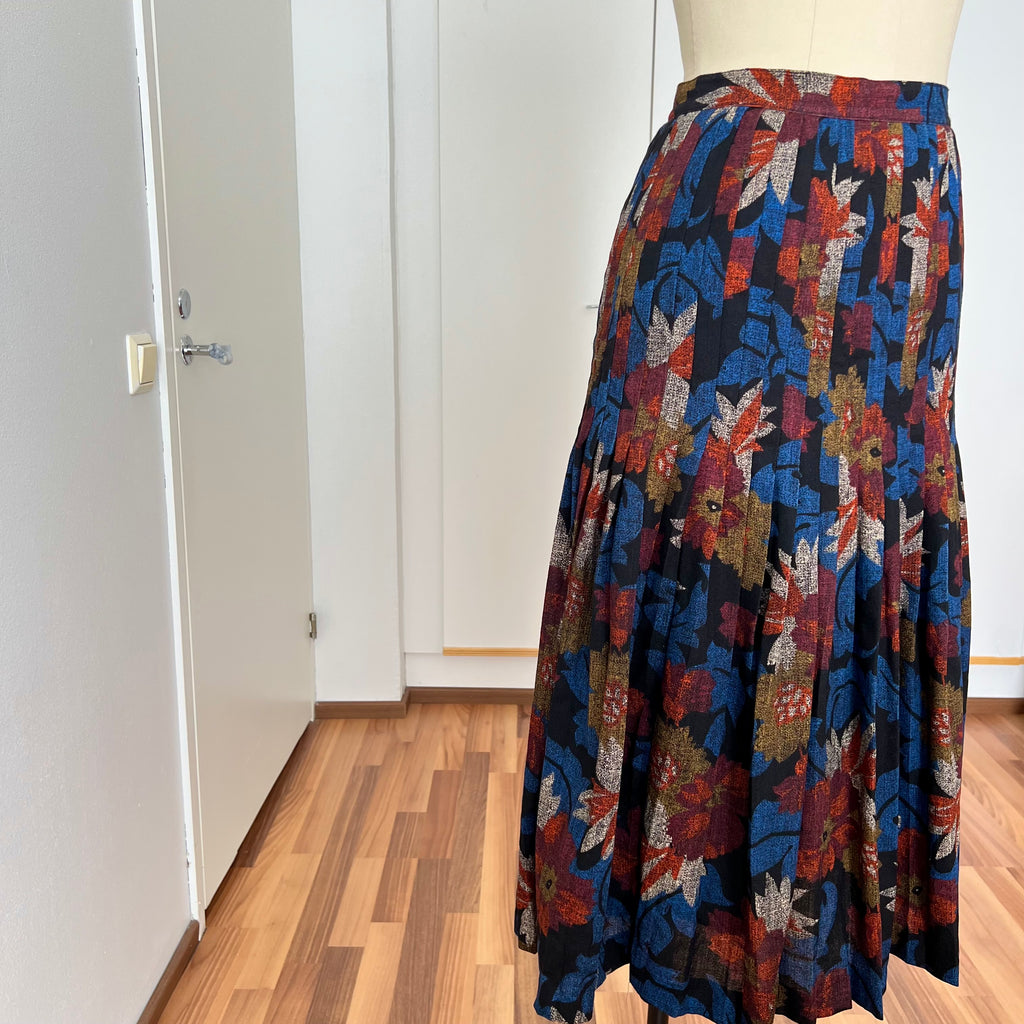 1970s Abstract Pleated Midi Skirt-80s Floral Accordion Pleated Aline Skirt