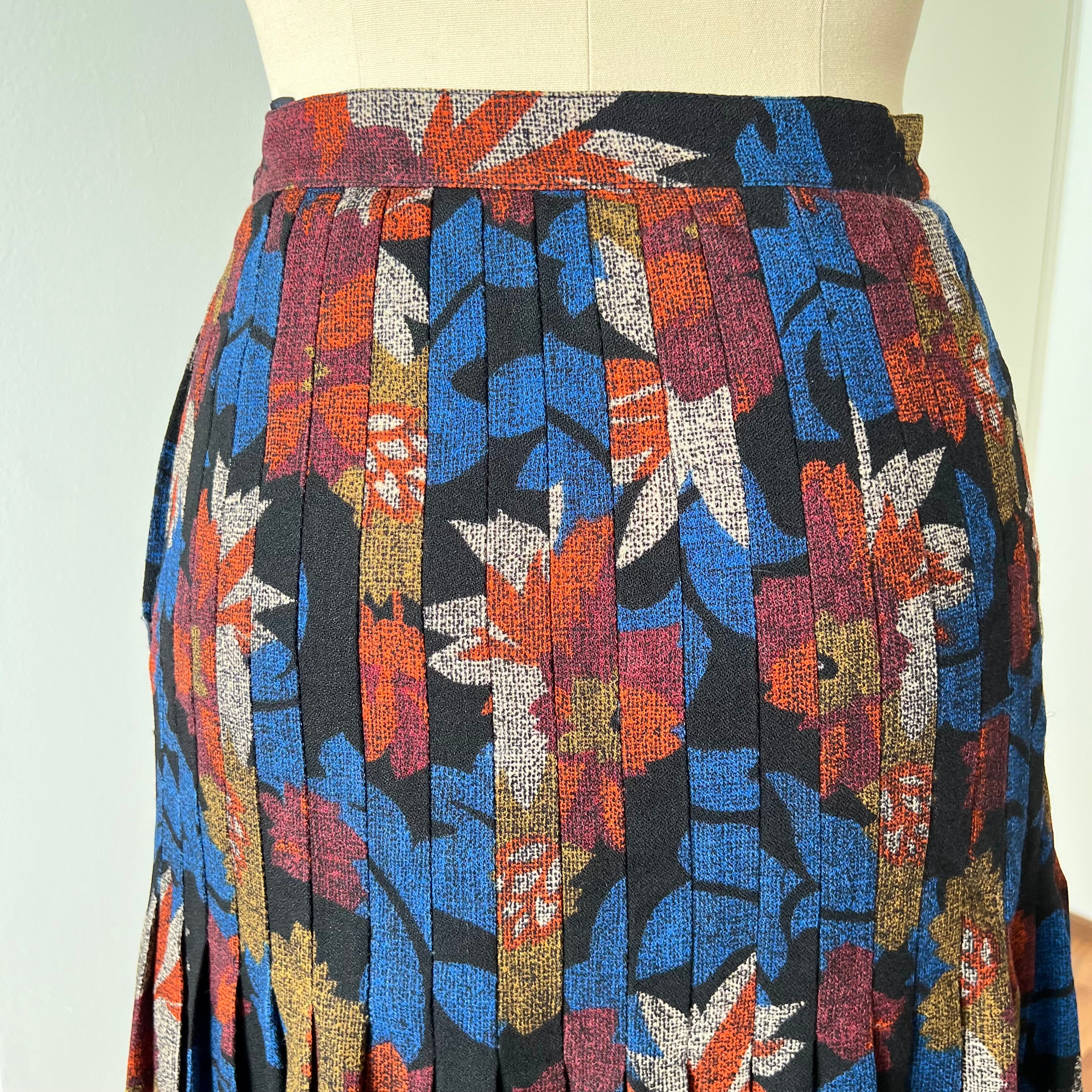 1970s Abstract Pleated Midi Skirt-80s Floral Accordion Pleated Aline Skirt