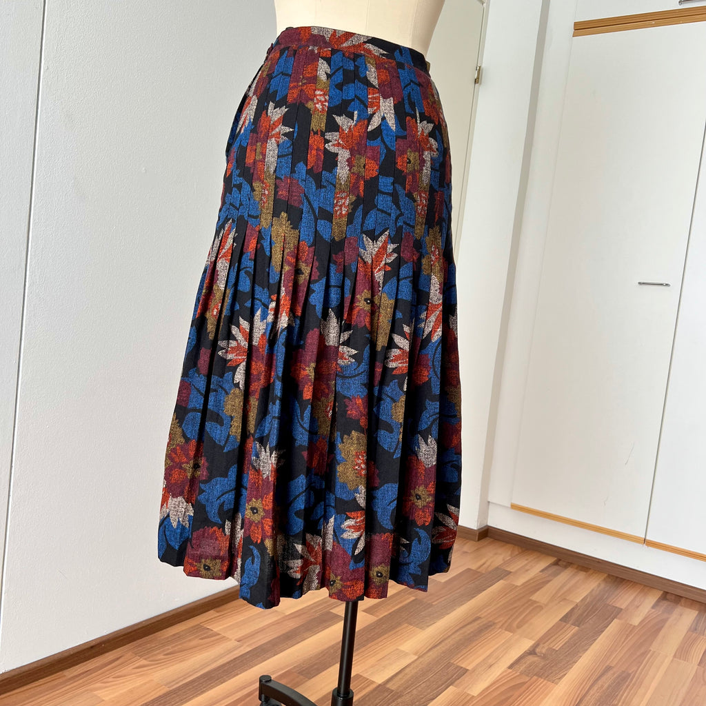 1970s Abstract Pleated Midi Skirt-80s Floral Accordion Pleated Aline Skirt