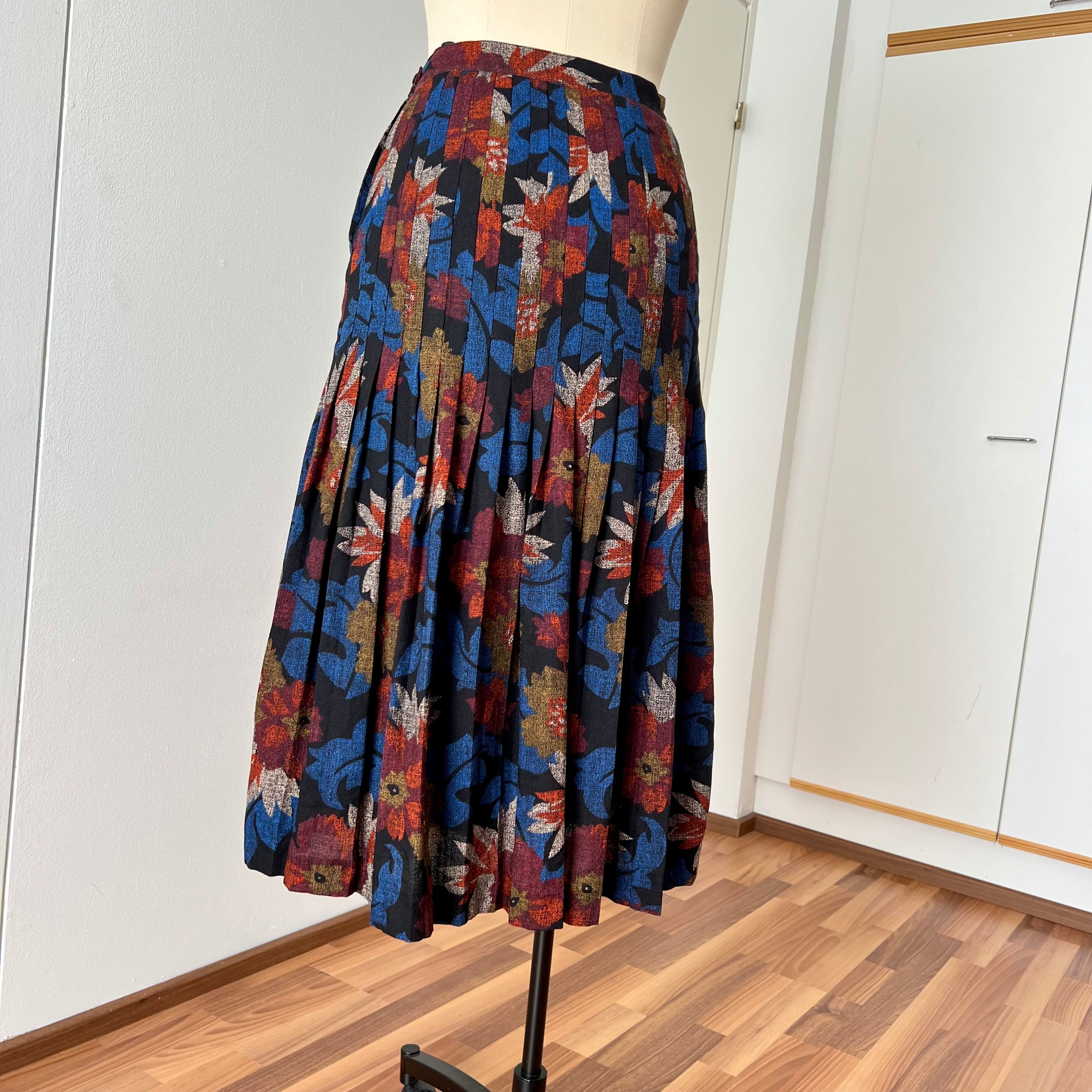 1970s Abstract Pleated Midi Skirt-80s Floral Accordion Pleated Aline Skirt