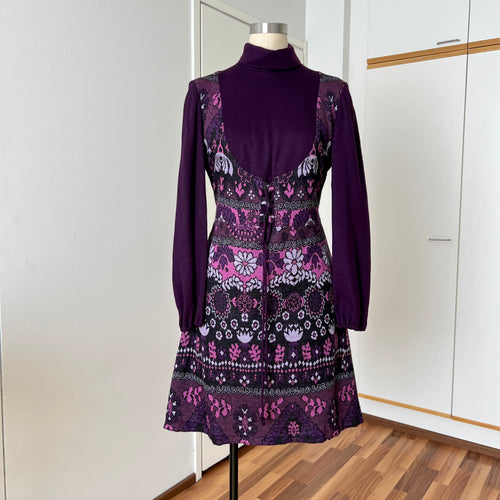 1970s Vintage Mod Mini Dress-Floral Psychedelic Virgin Wool Dress EU 42