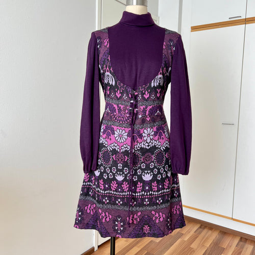 1970s Vintage Mod Mini Dress-Floral Psychedelic Virgin Wool Dress EU 42
