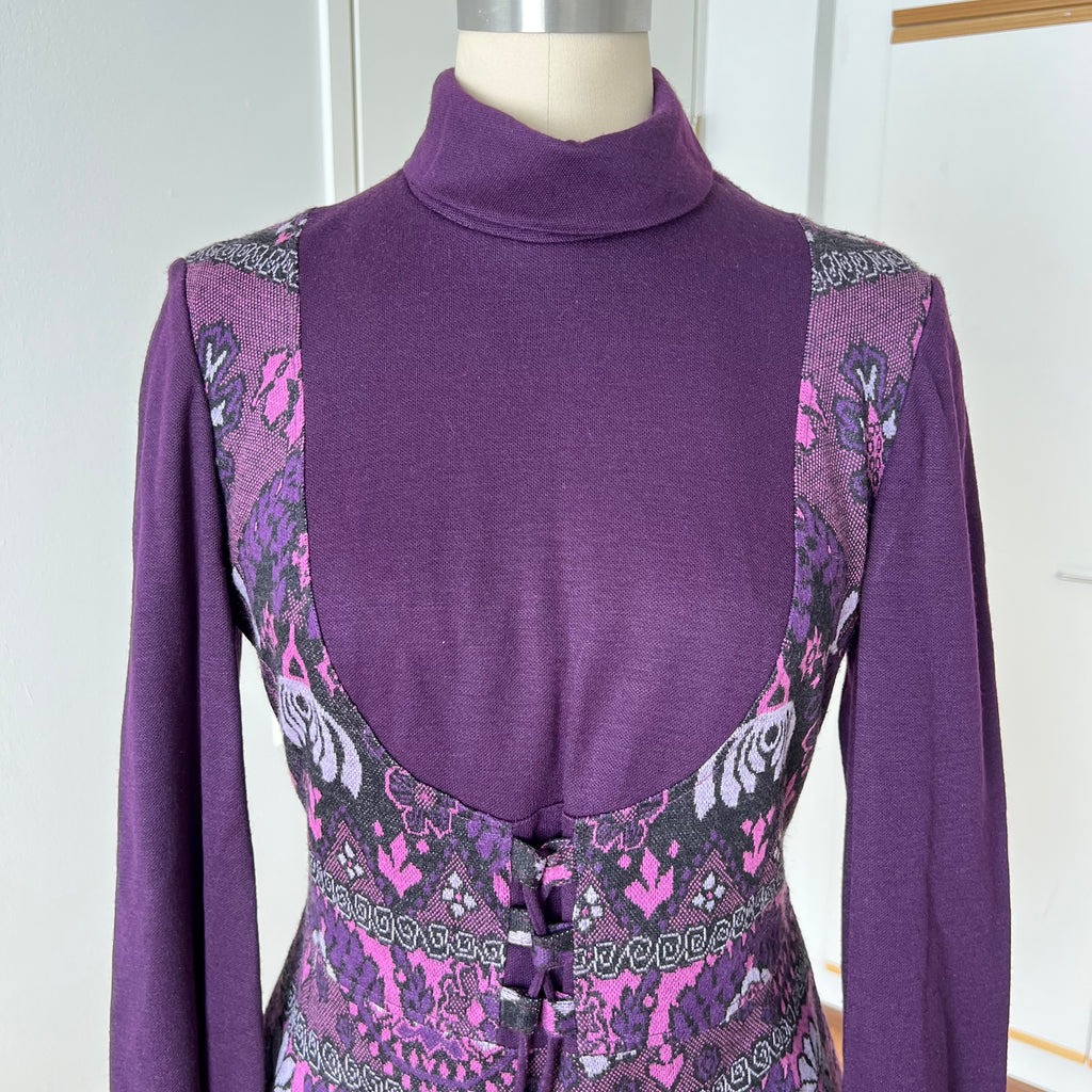 1970s Vintage Mod Mini Dress-Floral Psychedelic Virgin Wool Dress EU 42