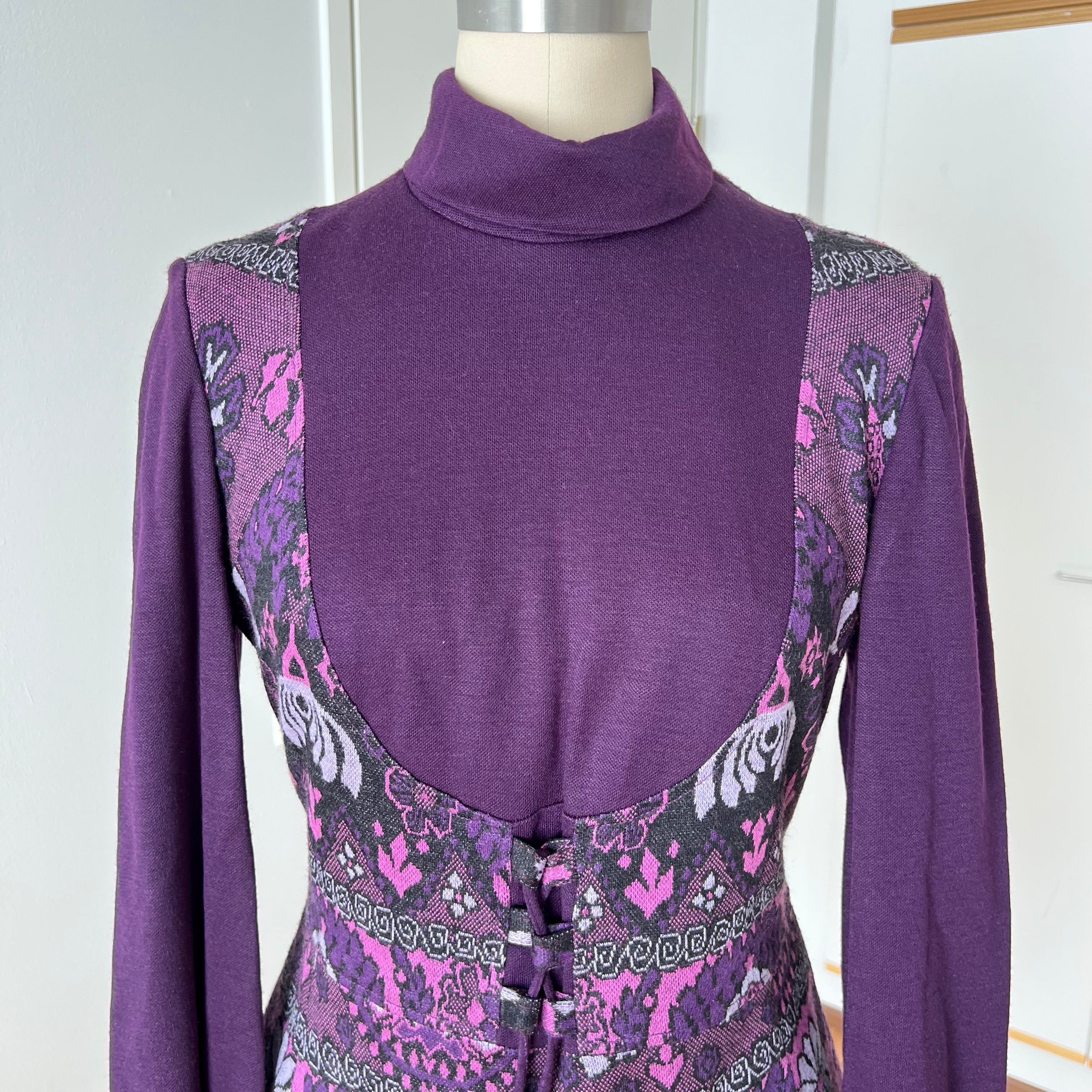 1970s Vintage Mod Mini Dress-Floral Psychedelic Virgin Wool Dress EU 42