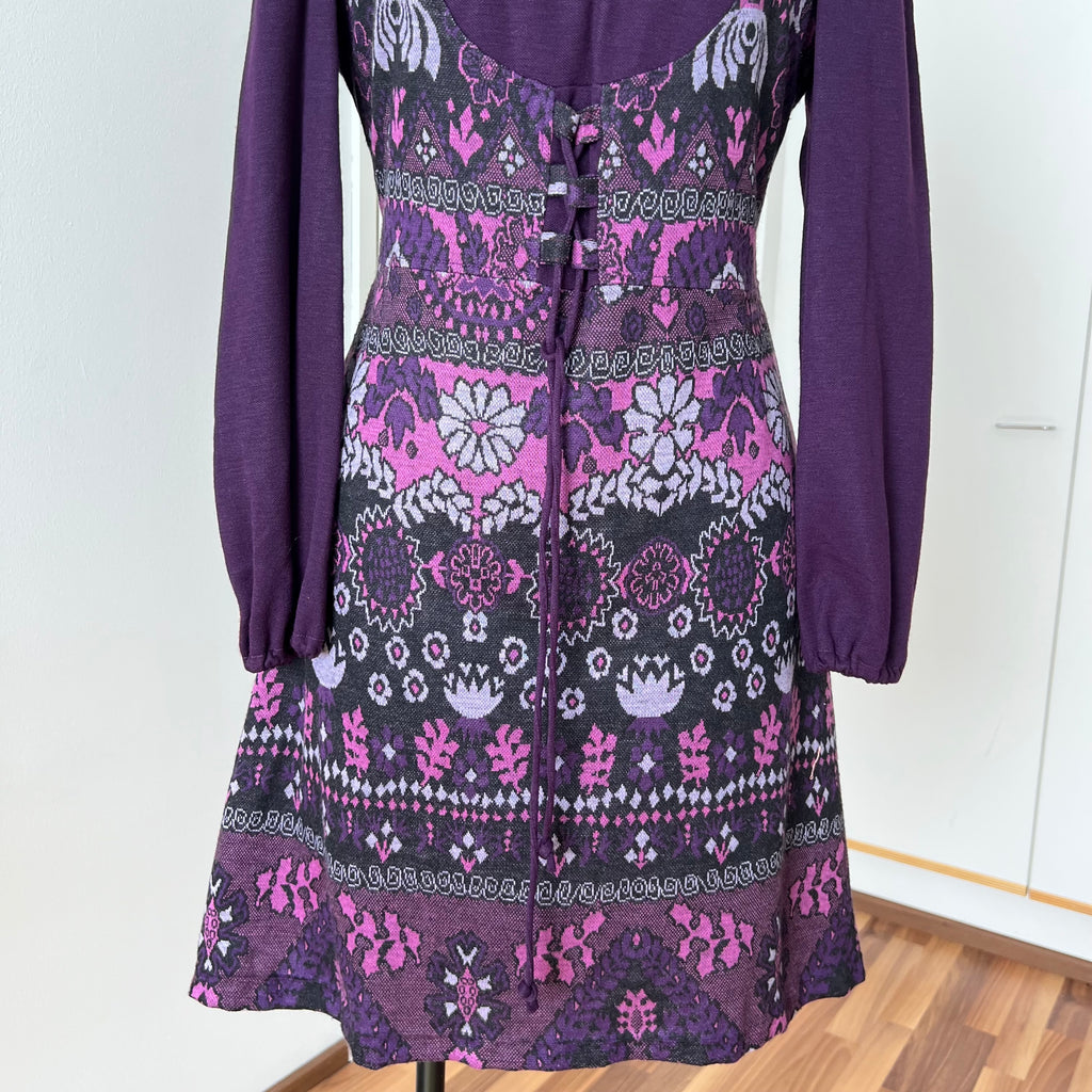 1970s Vintage Mod Mini Dress-Floral Psychedelic Virgin Wool Dress EU 42