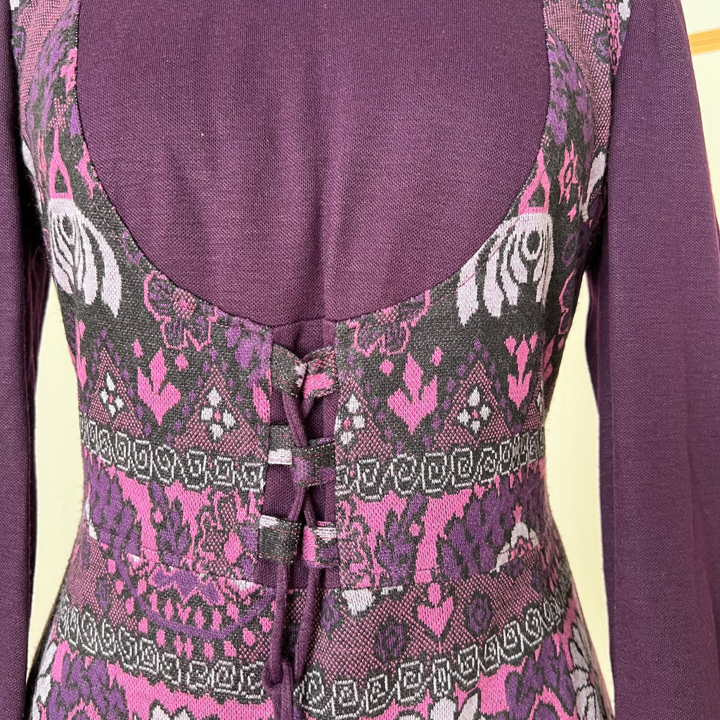 1970s Vintage Mod Mini Dress-Floral Psychedelic Virgin Wool Dress EU 42