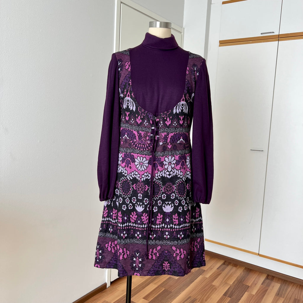 1970s Vintage Mod Mini Dress-Floral Psychedelic Virgin Wool Dress EU 42