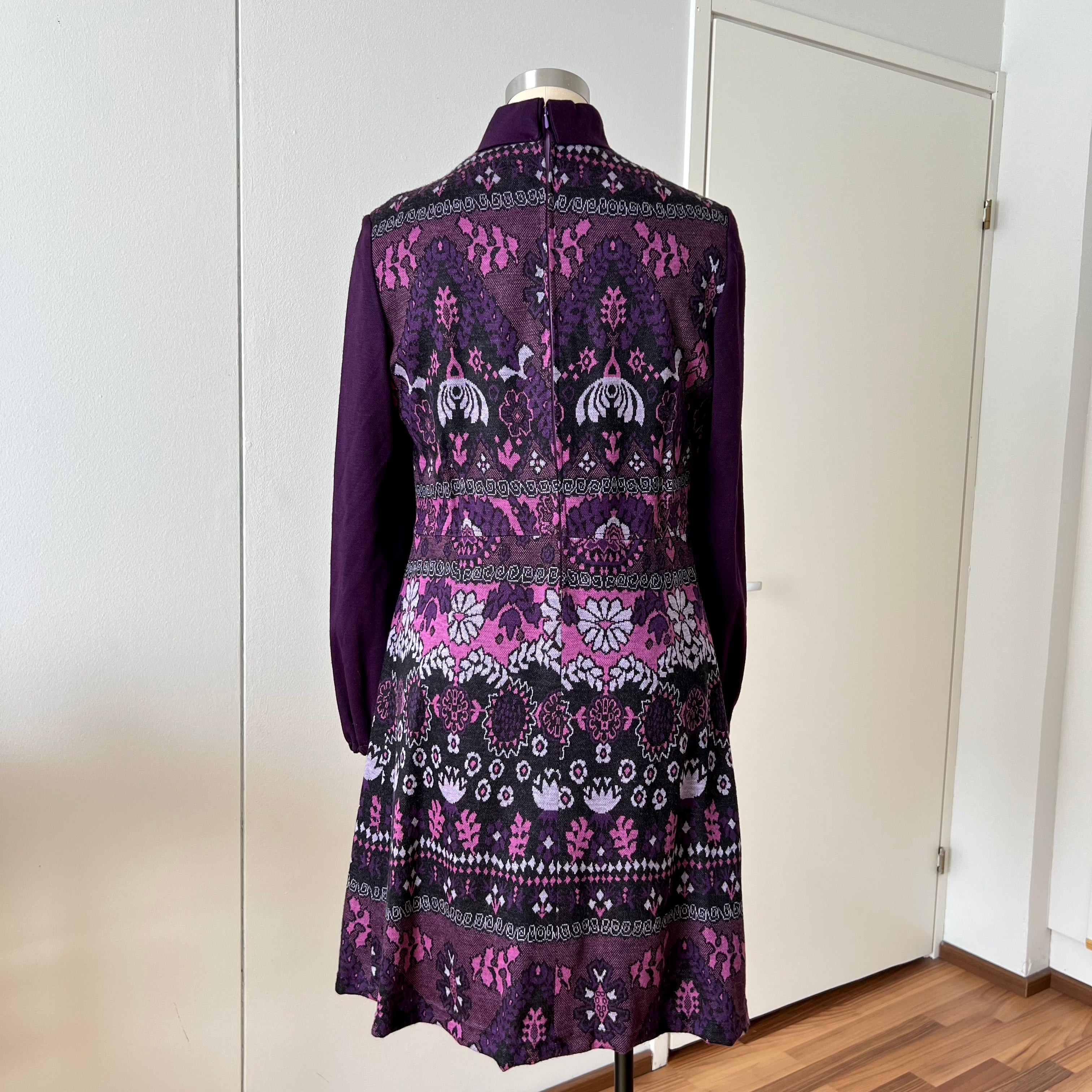 1970s Vintage Mod Mini Dress-Floral Psychedelic Virgin Wool Dress EU 42