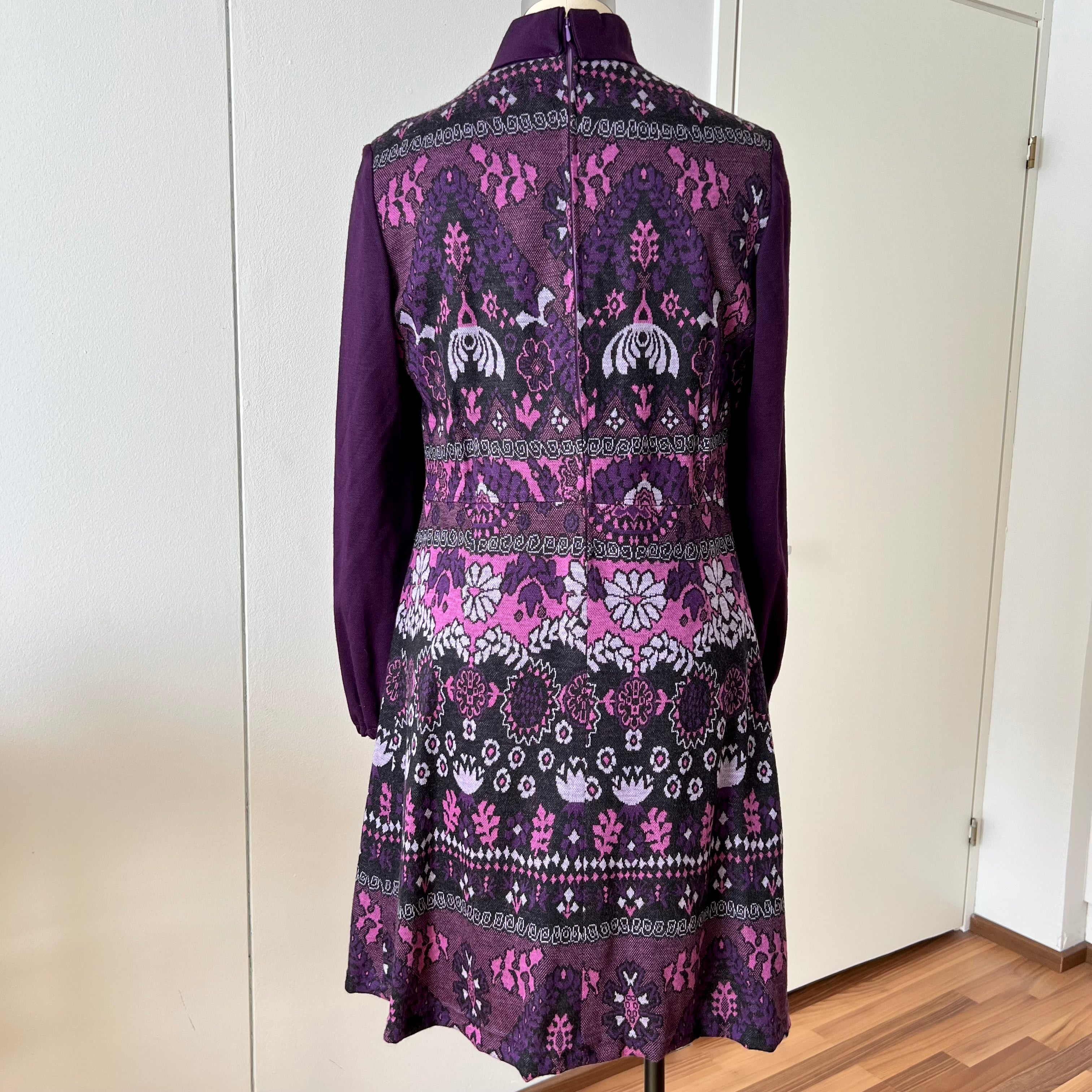 1970s Vintage Mod Mini Dress-Floral Psychedelic Virgin Wool Dress EU 42
