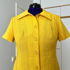 1960s/1970s Vintage Yellow Mod Shirt Dress-Plus Size Aline Button Front Day Dress EU 46