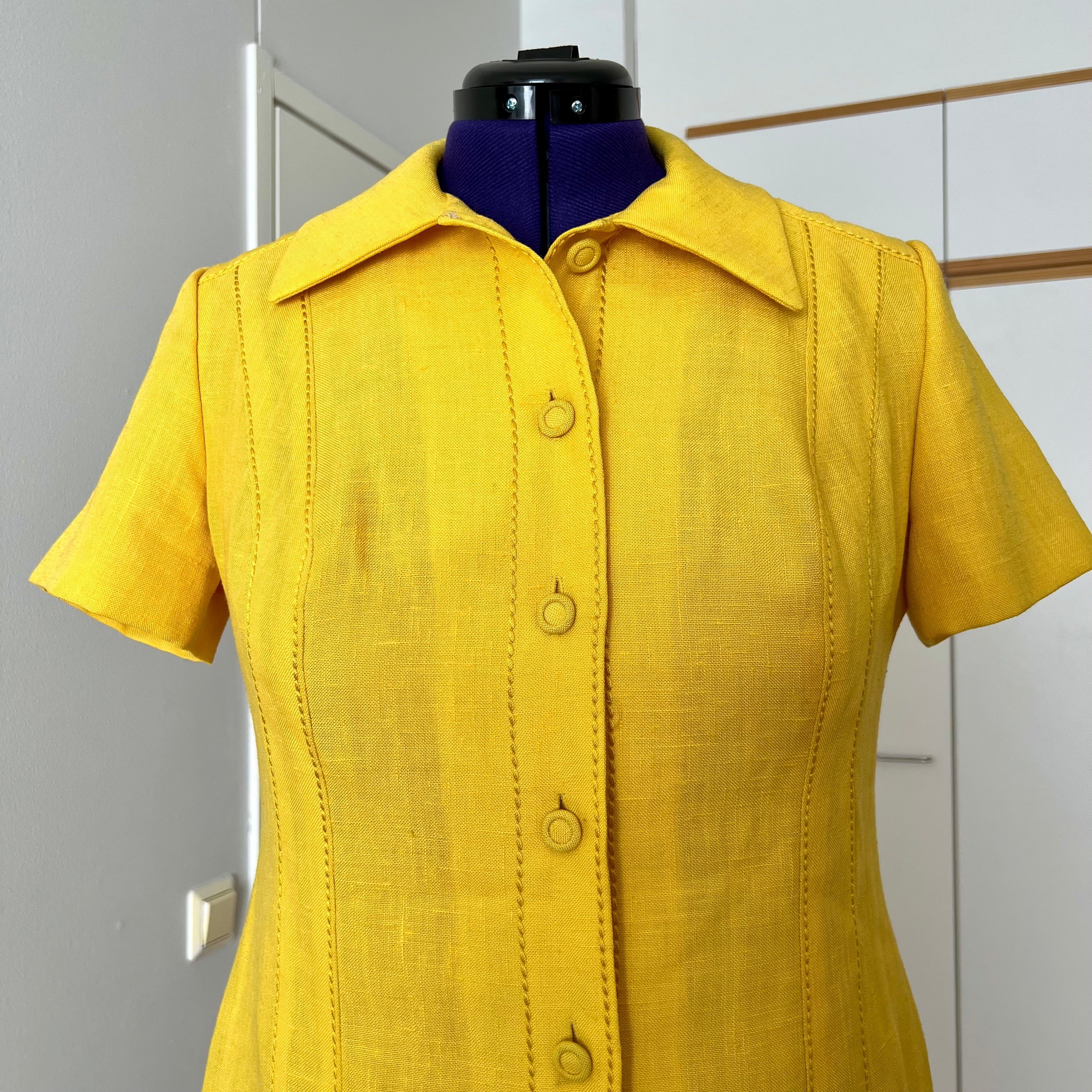 1960s/1970s Vintage Yellow Mod Shirt Dress-Plus Size Aline Button Front Day Dress EU 46