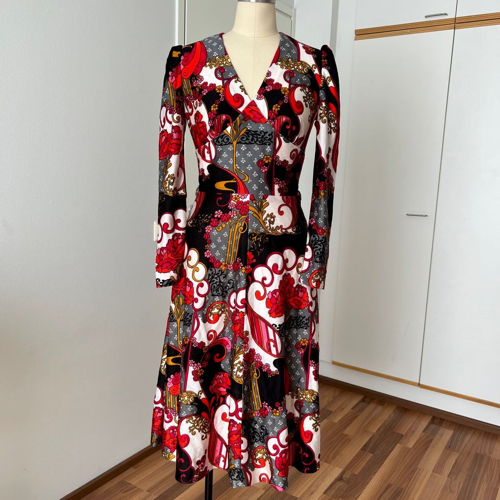 1970s Vintage Psychedelic Floral Midi Dress-Paisley Swirl Boho Dress