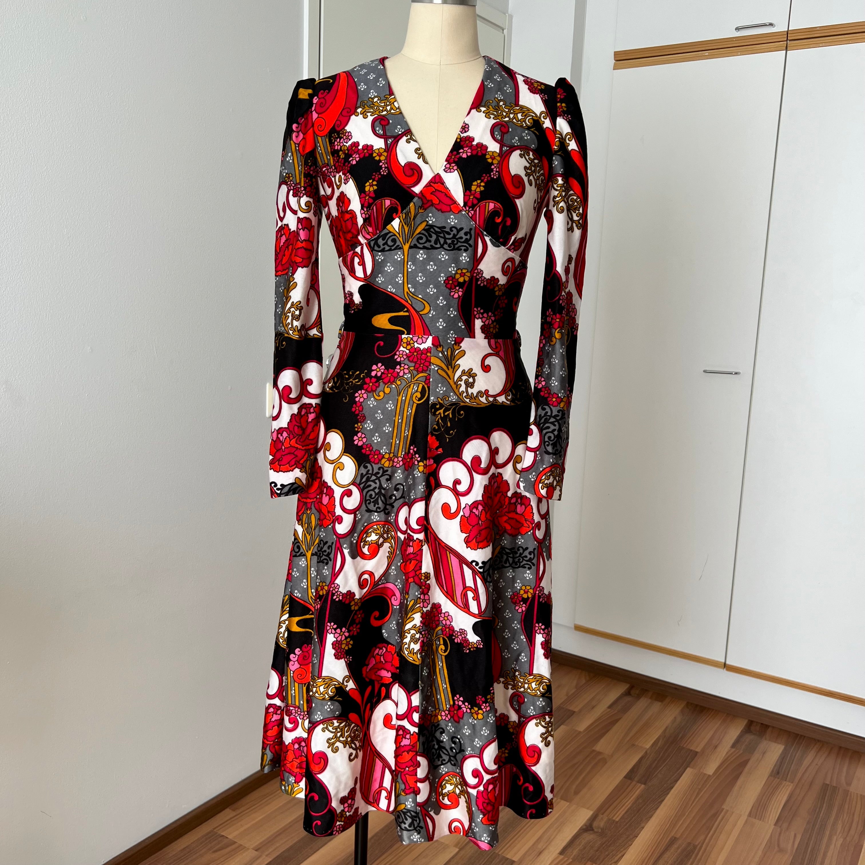 1970s Vintage Psychedelic Floral Midi Dress-Paisley Swirl Boho Dress
