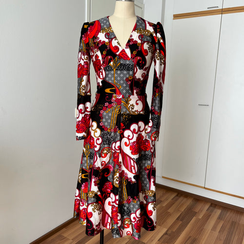1970s Vintage Psychedelic Floral Midi Dress-Paisley Swirl Boho Dress