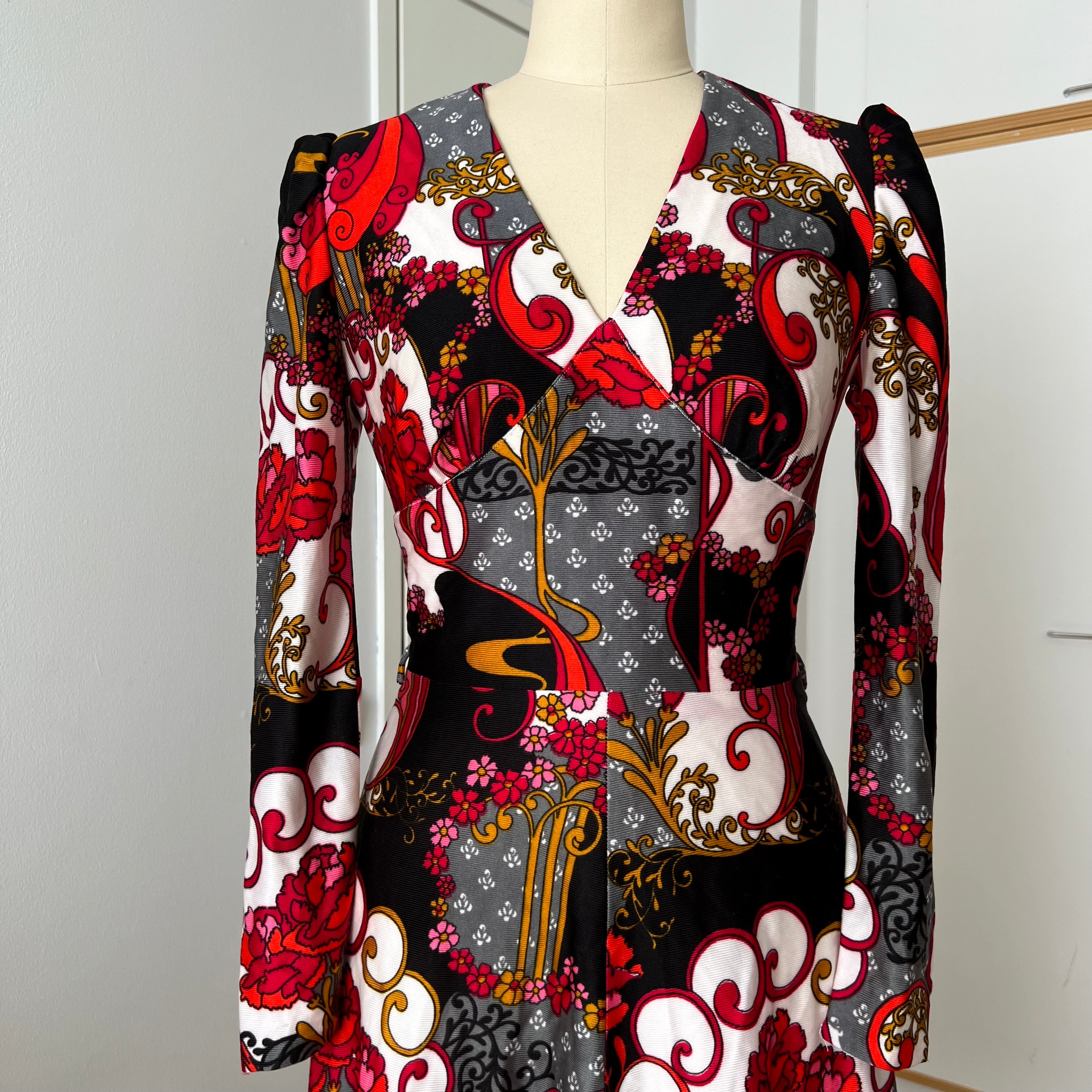 1970s Vintage Psychedelic Floral Midi Dress-Paisley Swirl Boho Dress