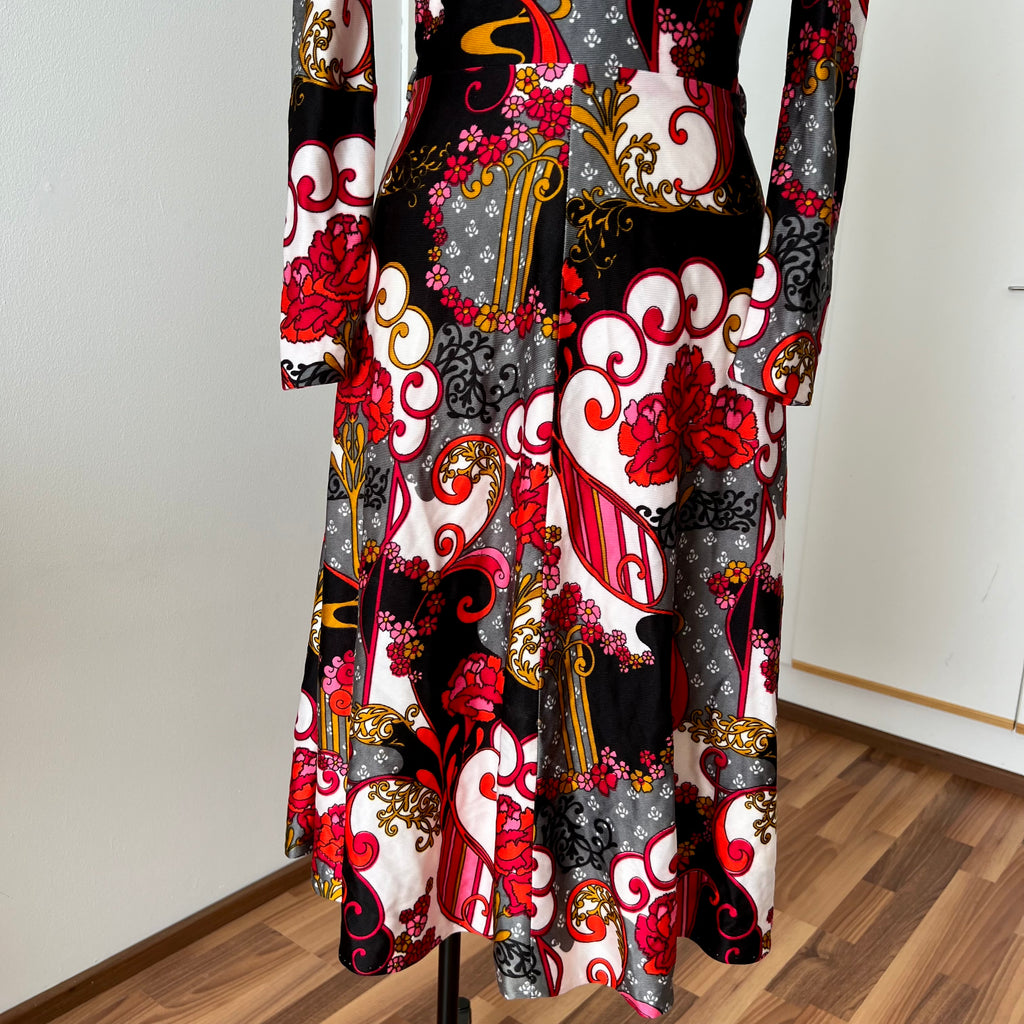1970s Vintage Psychedelic Floral Midi Dress-Paisley Swirl Boho Dress
