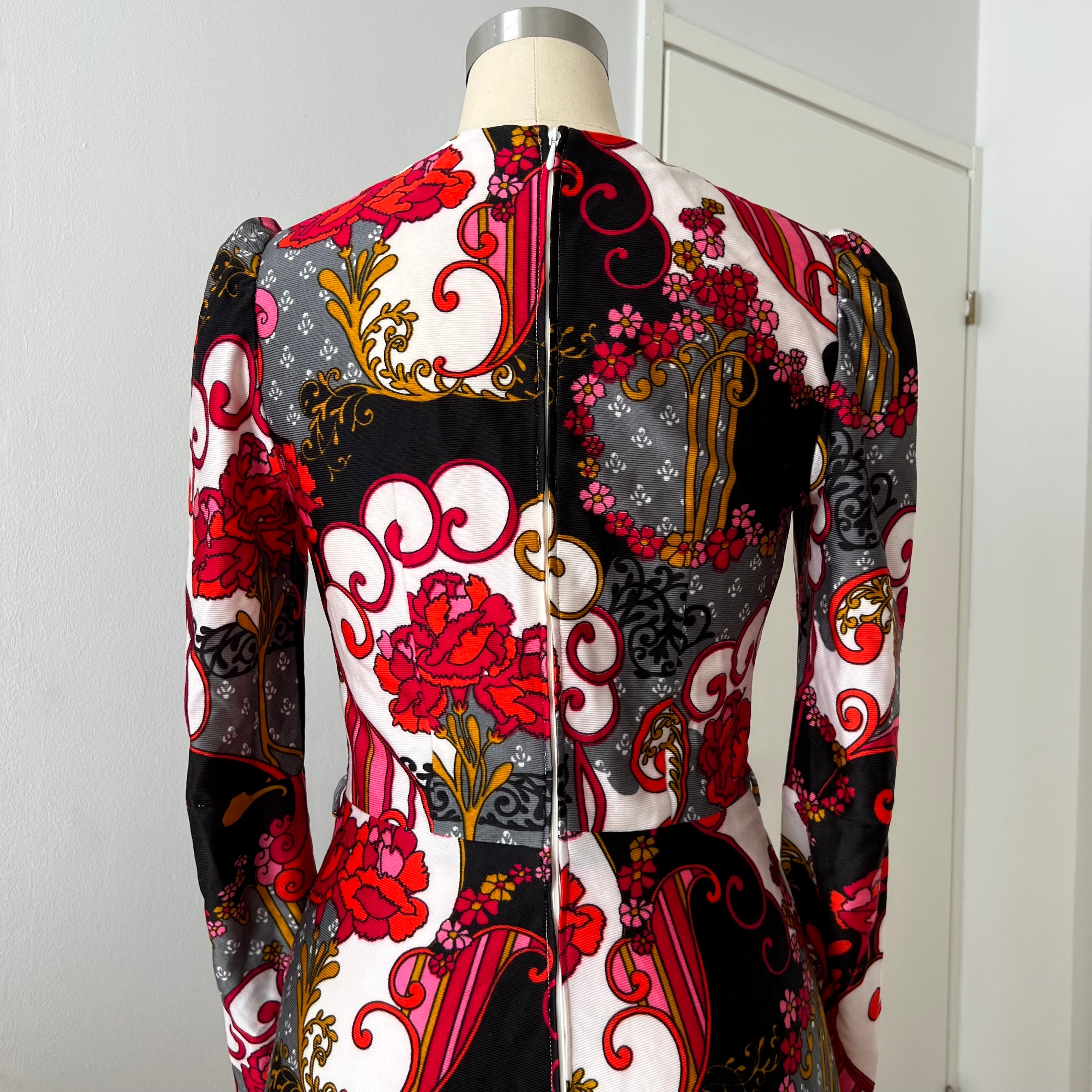 1970s Vintage Psychedelic Floral Midi Dress-Paisley Swirl Boho Dress