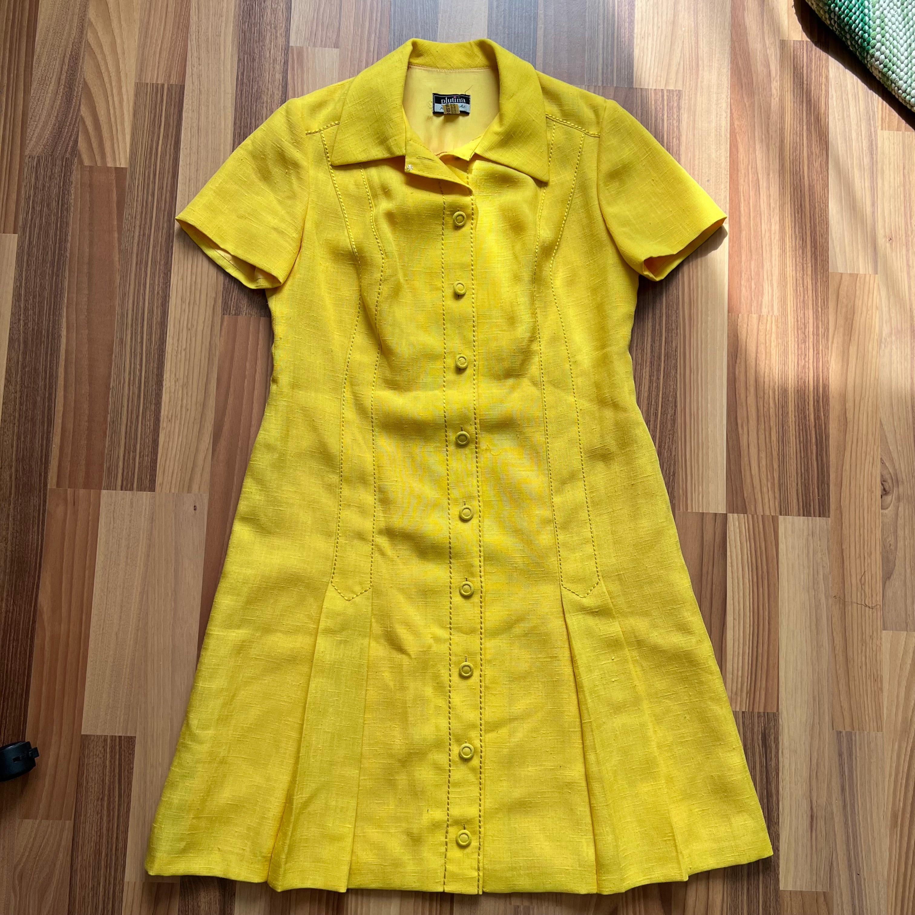 1960s/1970s Vintage Yellow Mod Shirt Dress-Plus Size Aline Button Front Day Dress EU 46