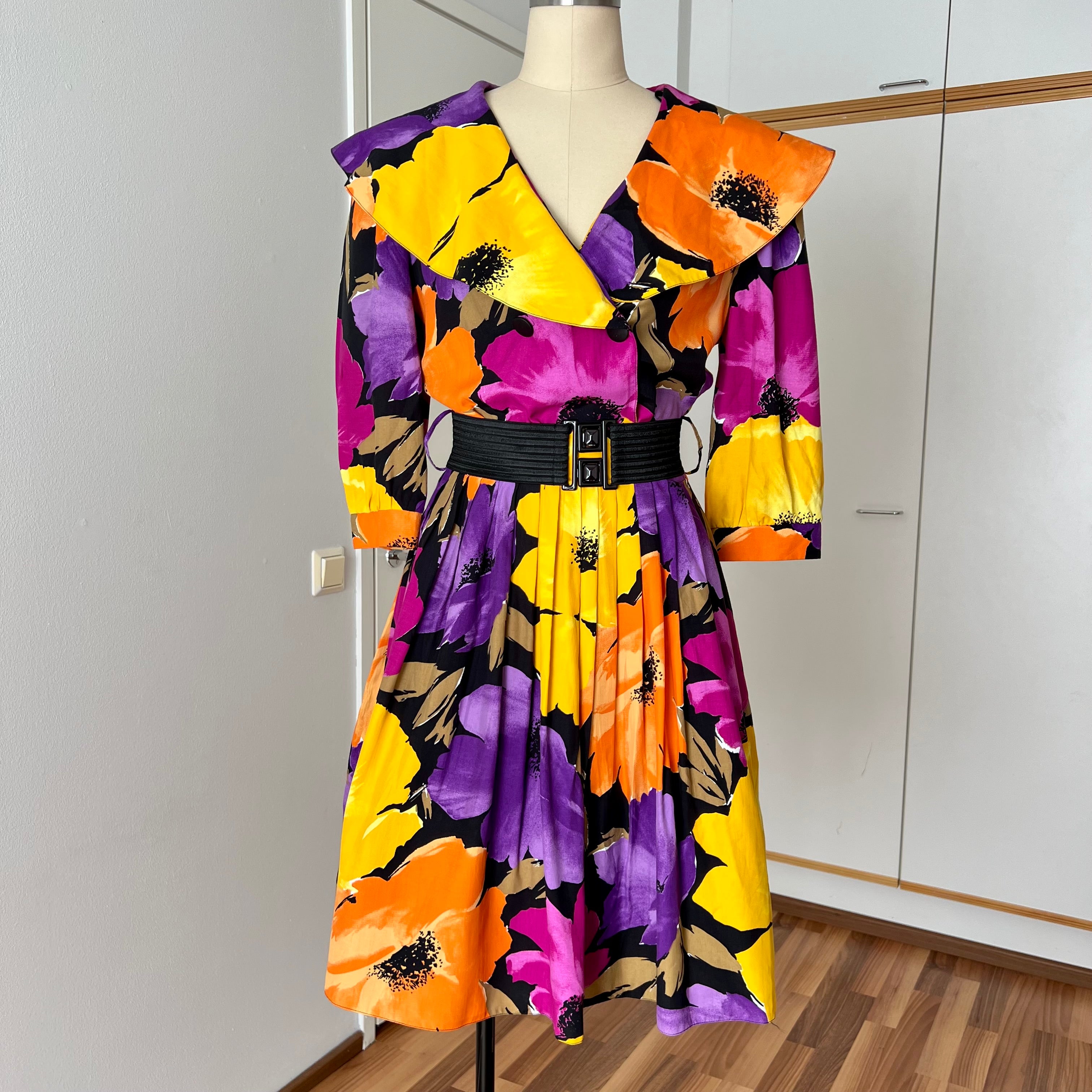 1980s Floral Viscose Belted Day Dress Double Breasted Pleated Abstract Print Midi Party Dress