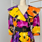 1980s Floral Viscose Belted Day Dress Double Breasted Pleated Abstract Print Midi Party Dress