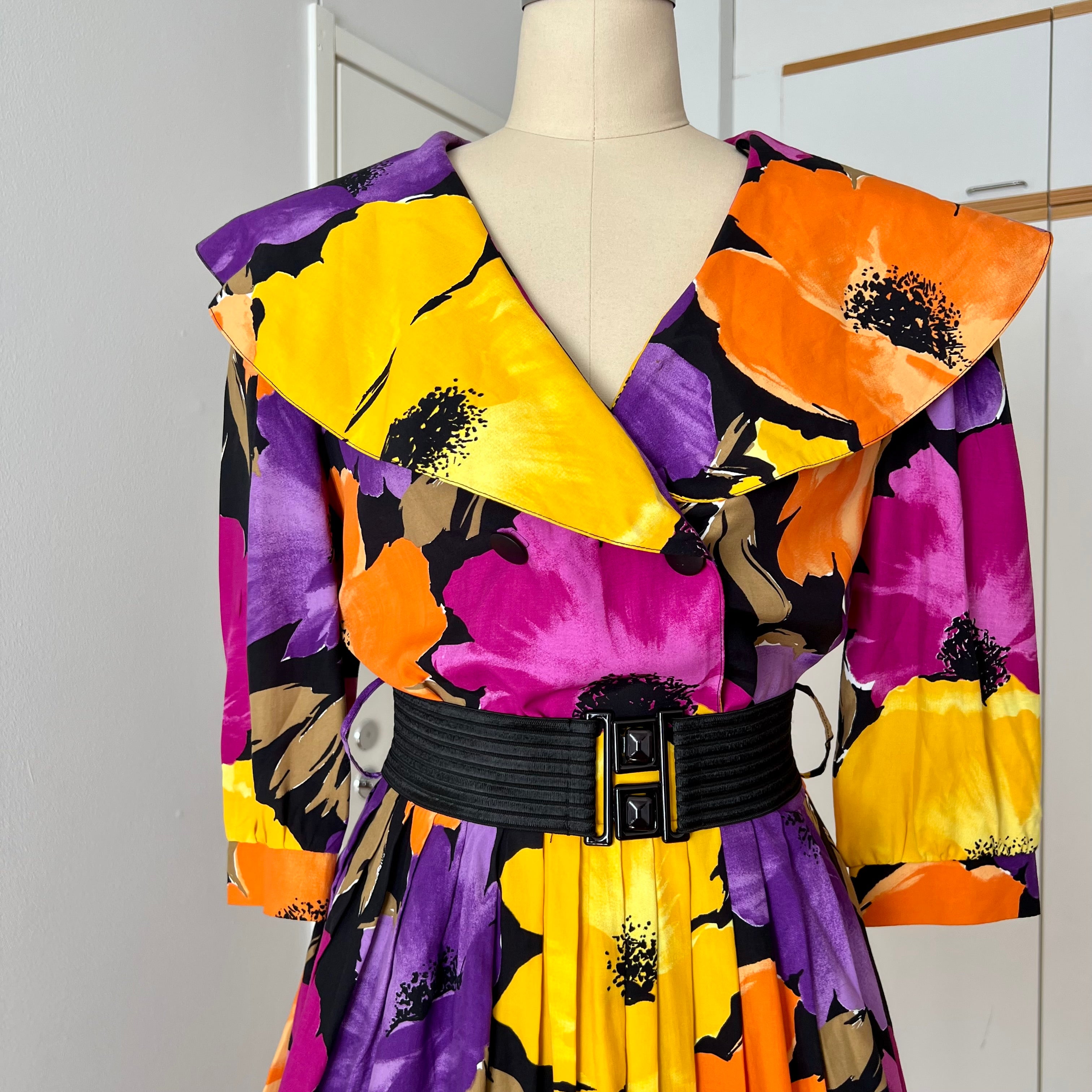 1980s Floral Viscose Belted Day Dress Double Breasted Pleated Abstract Print Midi Party Dress
