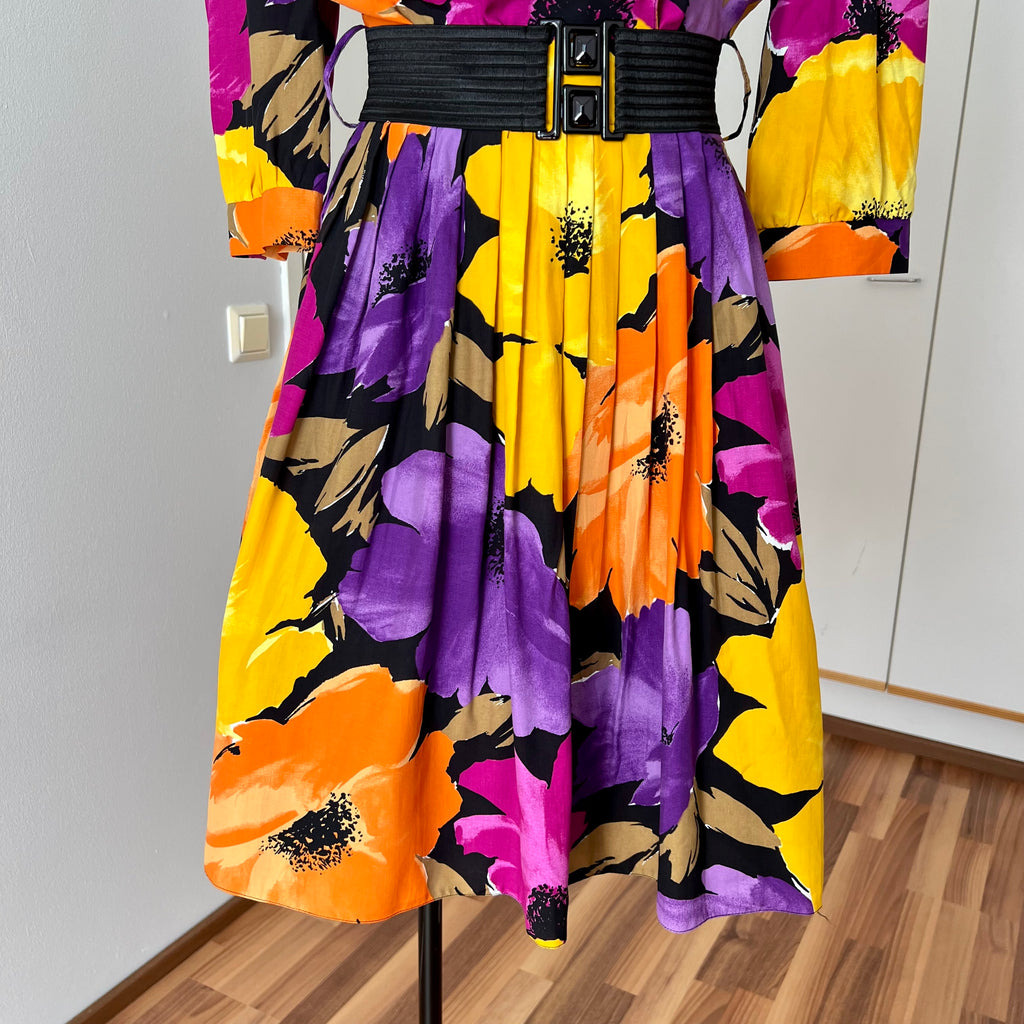1980s Floral Viscose Belted Day Dress Double Breasted Pleated Abstract Print Midi Party Dress