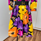 1980s Floral Viscose Belted Day Dress Double Breasted Pleated Abstract Print Midi Party Dress